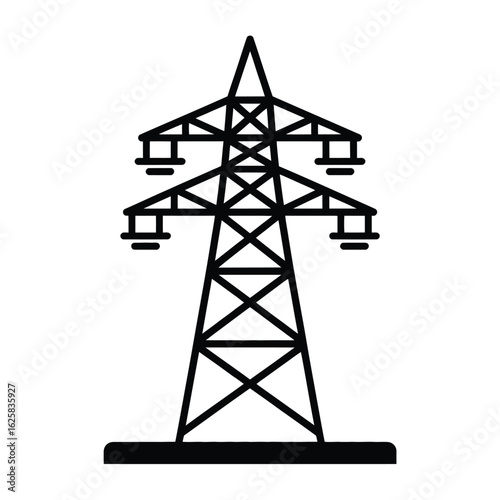 Black and white illustration of an electricity pylon against a white background