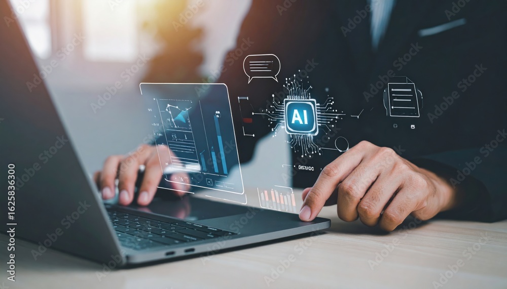 Fototapeta premium Businessperson using laptop with AI interface (1)