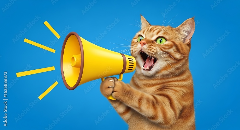 Fototapeta premium Funny cat with a yellow megaphone on isolated blue background. Concept for public announcements, news, and important alerts.