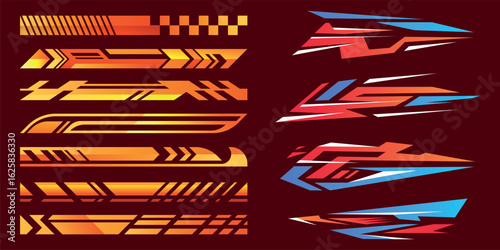 Colorful racing elements for car design, speed lines and motion effect stripes in modern automotive style