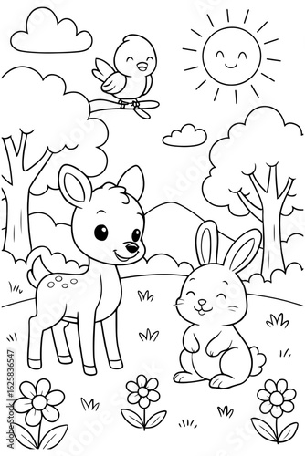 Coloring page with cute deer, bunny, and bird in a cheerful forest scene under the smiling sun. Perfect for kids to enjoy creative and fun coloring time