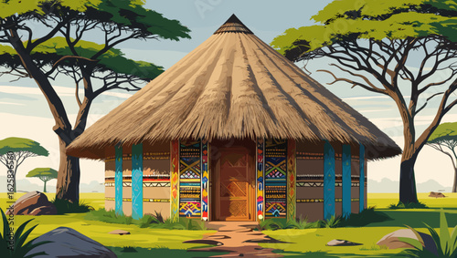 Traditional African hut in vibrant mood surrounded by savannah landscape and tall trees