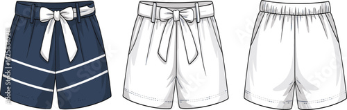 Trendy women’s shorts fashion flat sketch with belt tie waistband and sporty design perfect for summer apparel collection and illustration