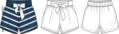 Women’s stylish summer shorts flat sketch with belt tie, diagonal stripes, and back view perfect for fashion design templates