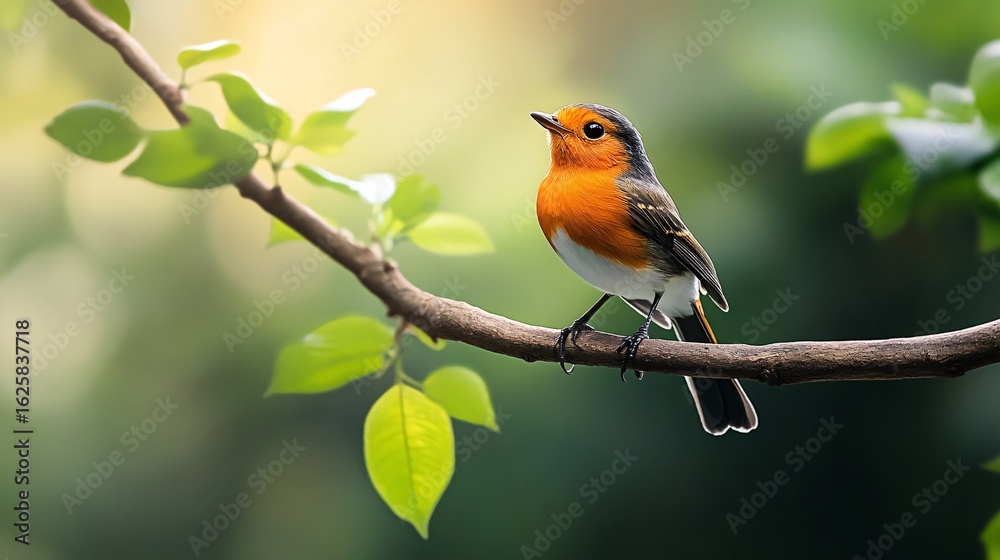 Obraz premium Vibrant Orange Bird Perched on Branch Surrounded by Green Leaves