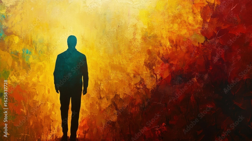 Fototapeta premium A captivating silhouette of a man stands alone against a vibrant, abstract background filled with warm colors. This artwork evokes deep emotions and invites reflection.