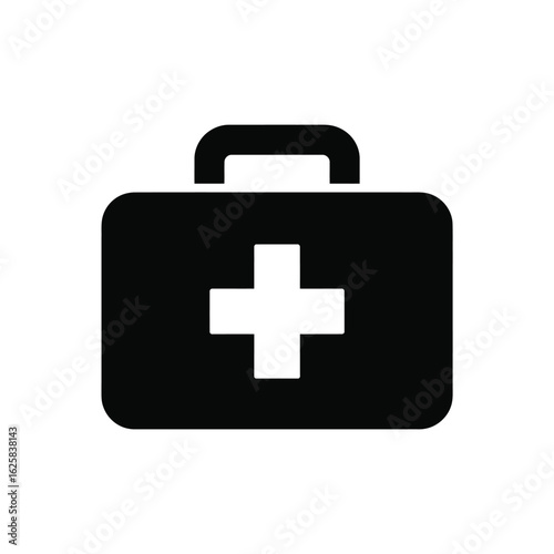 Black silhouette of a medical first aid kit with a white cross