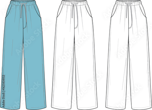 Women’s wide-leg lounge pants flat sketch with drawstring waistband and pockets perfect for casual fashion apparel design templates