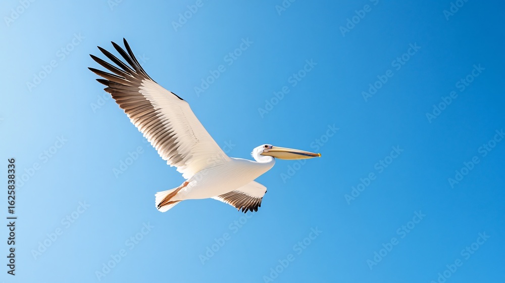 Obraz premium White Pelican in Flight Against Clear Blue Sky Highlighting Wingspan