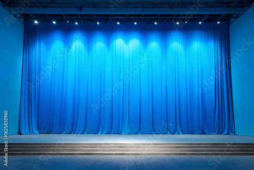 Blue Curtains on an Empty Theatre Stage with Spotlights