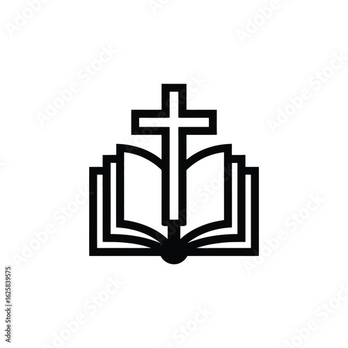 Christian cross symbol above open holy bible book icon