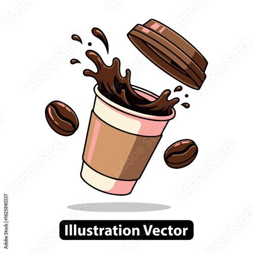 Dynamic cartoon of a takeaway coffee cup splashing with beans, vector illustration.