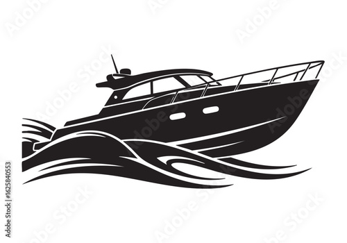 Sleek motor yacht illustration gliding on stylized waves a nautical themed graphic in bold monochrome art