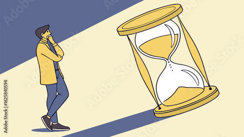 Contemplative Man and Hourglass: Minimalist Vector Illustration, Time Management Concept, Yellow and Blue Tones
