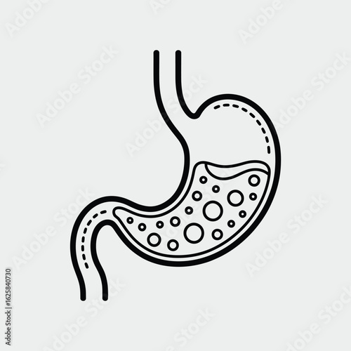 Stylized outline of a human stomach with contents and bubbles