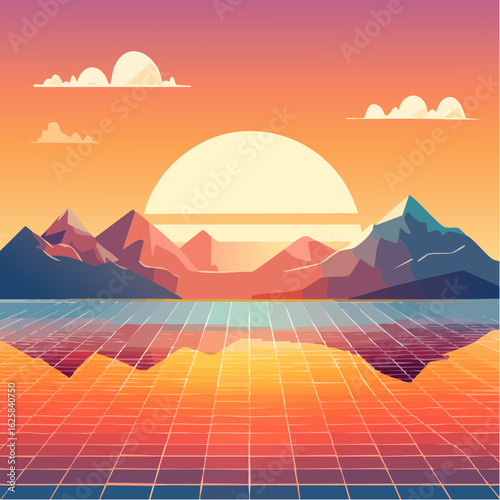 Vibrant retro sunset over a grid landscape with mountains