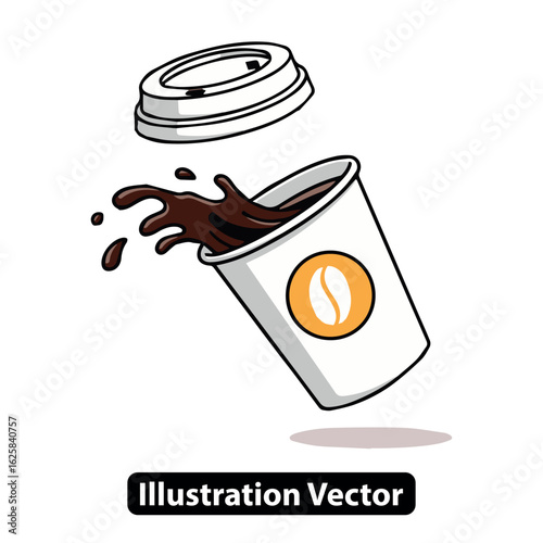 Vector illustration of a disposable coffee cup spilling with a dynamic dark liquid splash