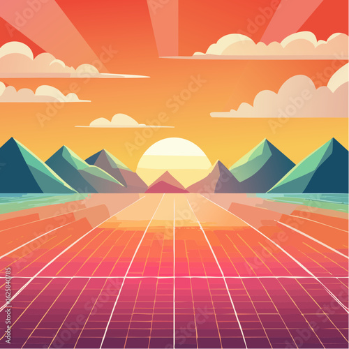 Vibrant retro sunset over a grid landscape with mountains