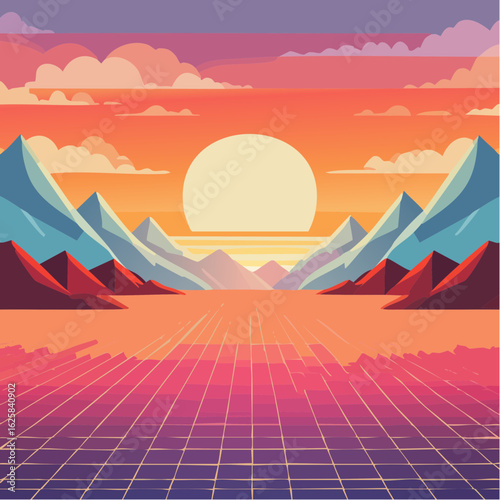 Vibrant retro sunset over a grid landscape with mountains