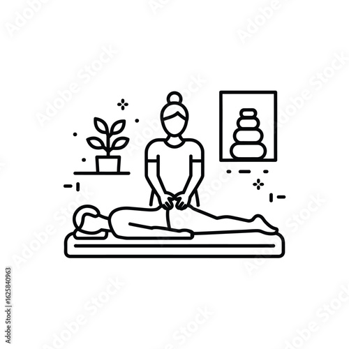 Line art illustration of a massage therapist giving a back massage to a client