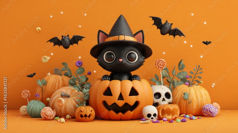 Fototapeta premium A cute 3D Halloween illustration featuring a black cat wearing a witch hat sitting inside a Jack-o'-lantern, surrounded by pumpkins, candy, a skull, and bats flying, with a bright orange background