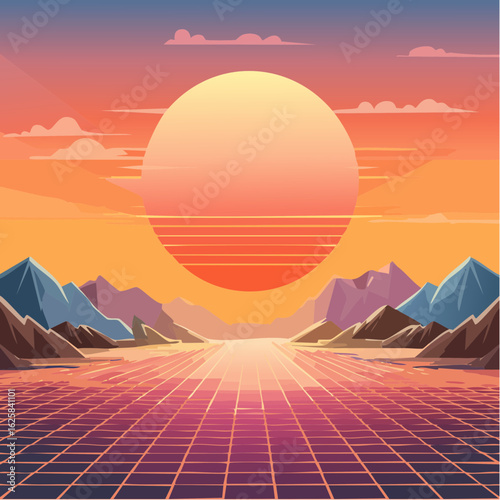 Vibrant retro sunset over a grid landscape with mountains