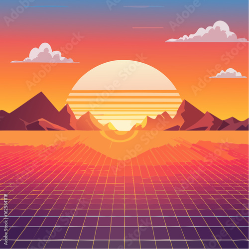 Vibrant retro sunset over a grid landscape with mountains