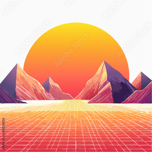 Vibrant retro sunset over a grid landscape with mountains