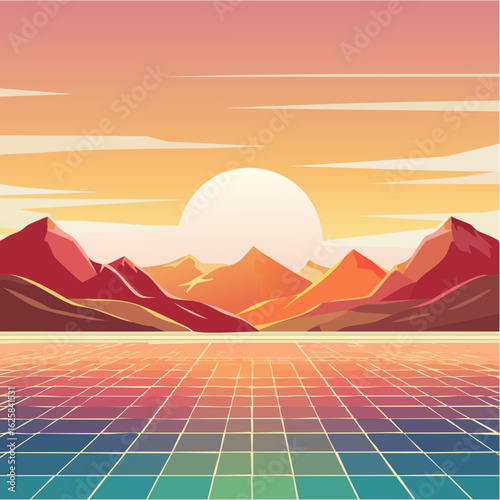 Vibrant retro sunset over a grid landscape with mountains