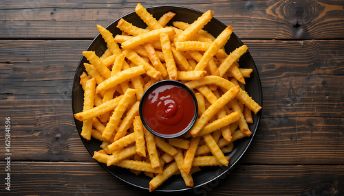 Top view of French fries on a black plate with ketchup and mayonnaise dips on a rustic wooden table.