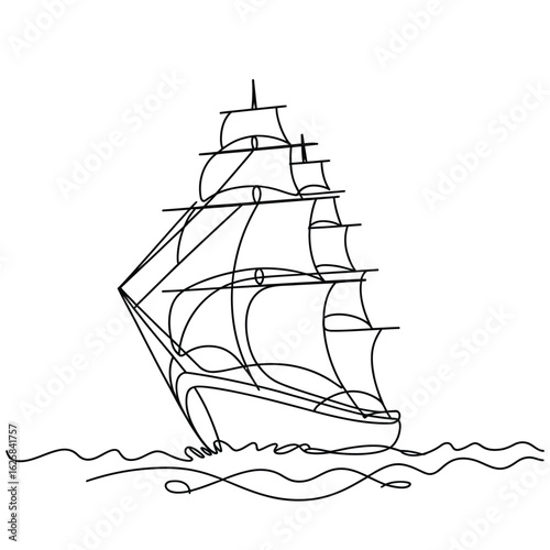 Elegant single line drawing of a tall ship sailing on the ocean