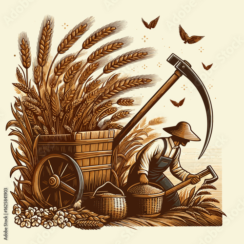 Traditional agricultural scene featuring a farmer harvesting wheat with a scythe and cart in vintage style