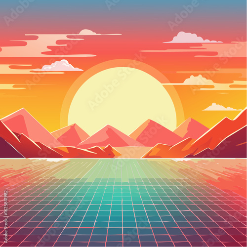 Vibrant retro sunset over a grid landscape with mountains