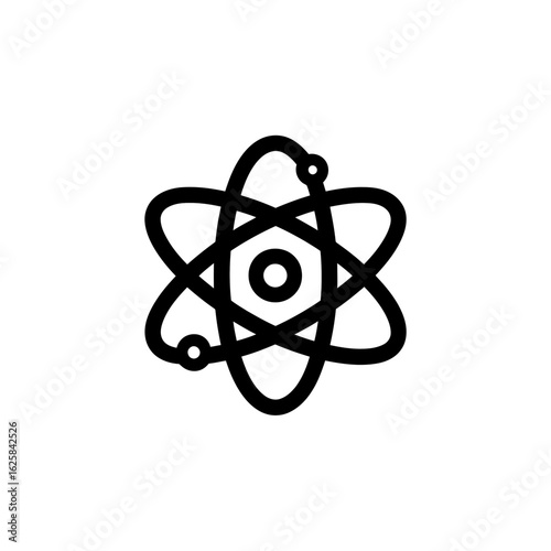 Abstract atom graphic symbol in black and white simple design, concept for science education, physics studies and chemistry research