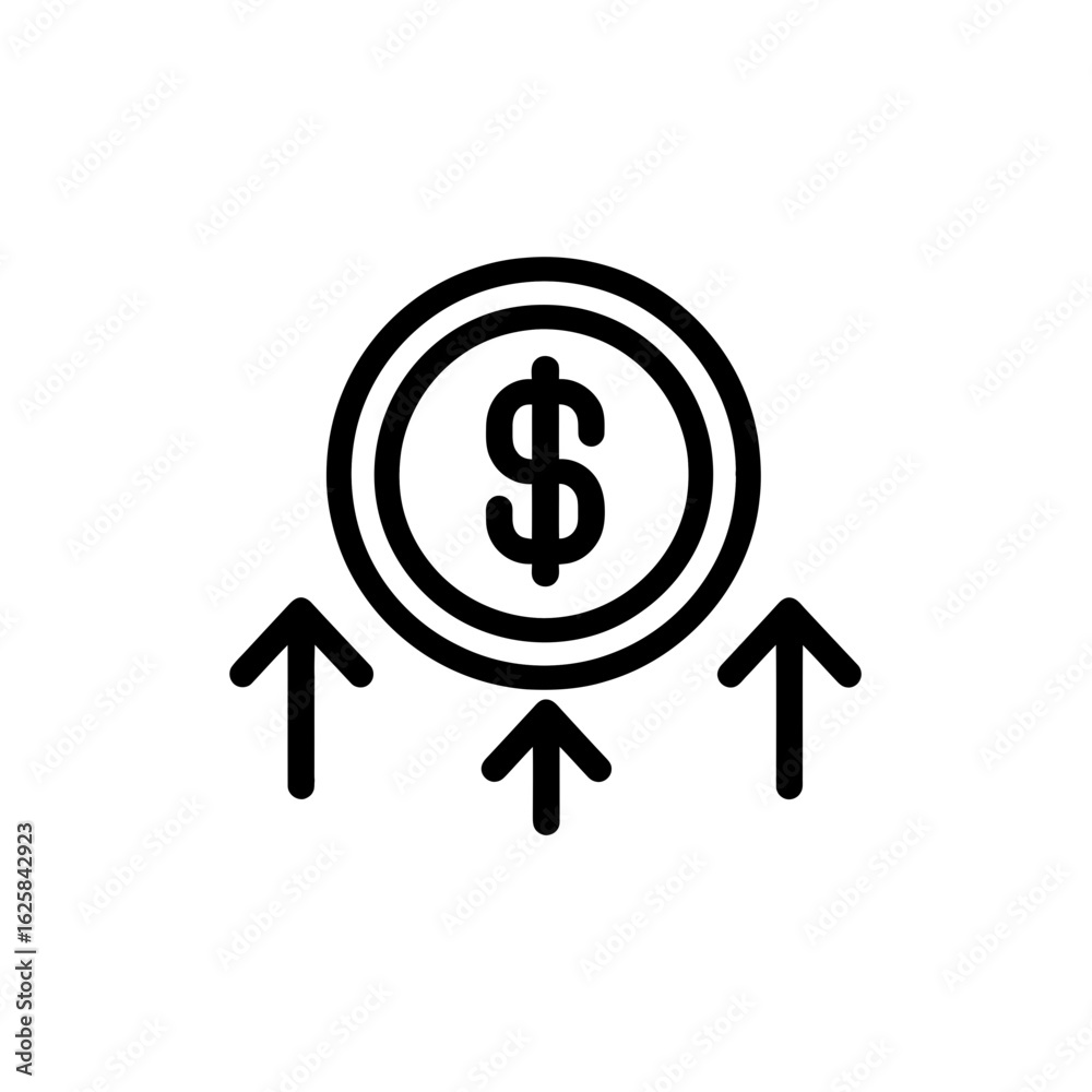 Obraz premium The image depicts a simple line drawing of a coin with dollar symbol and upward arrows, concept for investment growth, financial success and economic progress