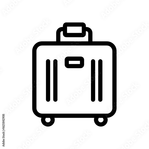 Minimalist vector illustration of a suitcase with wheels and handle in black outline, concept for vacation planning, tourism promotion, and travel agency branding