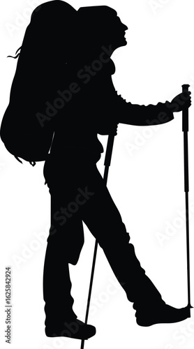 Silhouette of Hiker with backpack and trekking poles for adventure in mountain , travel and journey. Cartoon style vector illustration on isolated background.