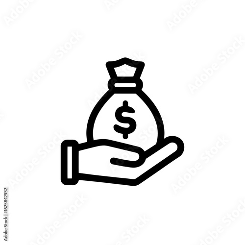 Hand holding money bag icon featuring a dollar sign in a minimalistic style. Concept for financial investment, monetary donation and wealth accumulation