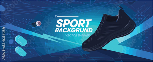 Dark blue athletic shoe on abstract blue sports background with geometric patterns running shoe fitness