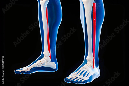 3D Illustration of Tibia Bone Fracture in Human Leg, Medical Anatomy of Lower Leg Bones with Fracture Highlight, Human Leg Skeleton with Tibial Break – Side and Front View