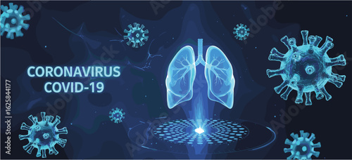 Digital illustration of glowing blue lungs and coronavirus particles on a dark background covid19 respiratory system
