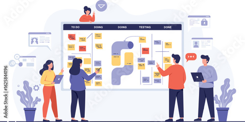 Vector Illustration of a Scrum Board Process with People in a Modern Flat Style