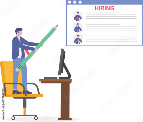 Flat illustration of human resource manager inserting candidate profile into empty
