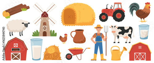 Farm animals and equipment collection with farmer and barns farming tractor