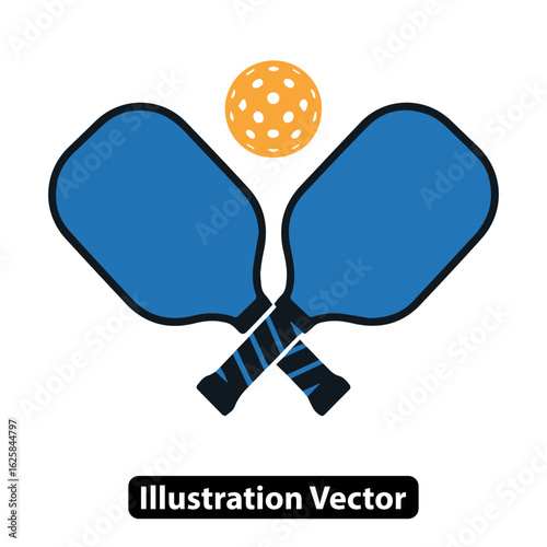 Vector illustration of pickleball sport equipment with crossed blue paddles and ball icon