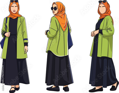 Illustration of a stylish Muslim woman in modern modest fashion, shown from three different angles.