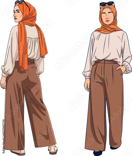 Front and back illustration of a fashionable woman wearing a modern modest outfit with an orange hijab.