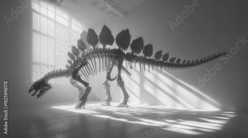 Detailed Stegosaurus Skeleton Cast in Soft Shadow and Light Play