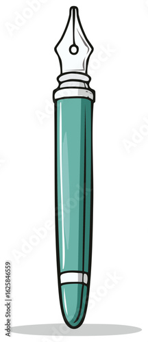 Classic teal fountain pen with a silver nib cartoon style illustration for writing or calligraphy