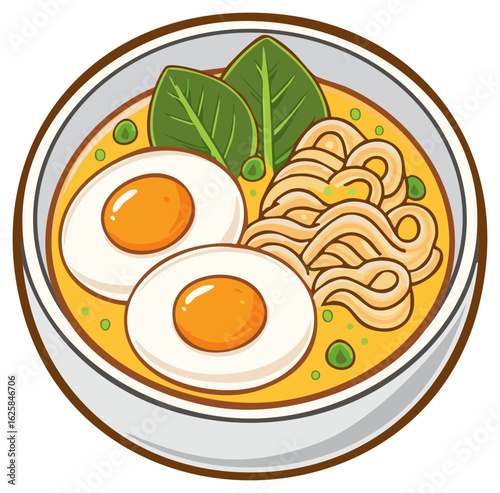 Delicious bowl of ramen noodles with soft boiled eggs and fresh greens